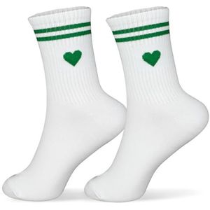 GEBETTER Witte gestreepte sokken voor dames en heren, katoen, witte sportsokken met hartvormige strepen, eenheidsmaat 36-42, ademend, groene strepen, Eén Maat