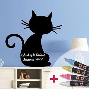 Ambiance Sticker Leisteen krijtbord – zelfklevende muurstickers – zwarte kat – H75 x L75 cm + 4 vloeibare krijtjes
