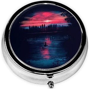 Space Lake Reflectie Bomen Gedrukt Pil Organizer Pil Doos Pil Case Draagbaar voor Portemonnee Pocket Ronde Metalen Pil Houder Organizer voor Dagelijkse Geneeskunde