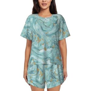 RIVETECH Azurite Teal en folie goud olie marmer patroon print dames korte mouwen pyjama set - comfortabele korte sets, mouwen nachtkleding met zakken, Zwart, M