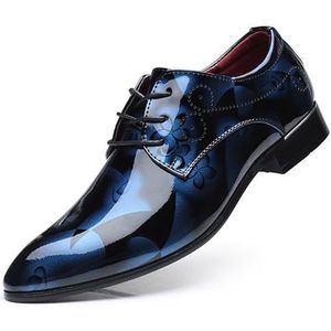 Oxford nette schoenen for heren Veters Puntige neus Veganistisch leer Bloemen reliëf Antislip Blokhak Lage bovenkant Antislip Antislip Zakelijk (Color : Blue, Size : 45 EU)