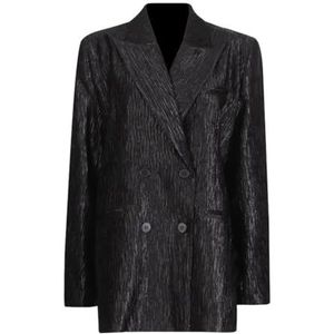 LoprNsdgt Dames Oversized Geplooide Gestructureerde Double-Breasted Comfort Werk Kantoor Blazer Jassen,zwart,L