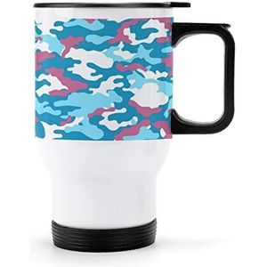Roze En Blauwe Camouflage Reizen Koffie Mok Met Handvat & Deksel Rvs Auto Cup Dubbelwandige Koffiemokken