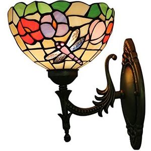 Antieke Libelle Stijl Tiffany Wandlamp, 8-Inch Pastorale Stijl, Rode Gebrandschilderd Glas Wandlamp Voor Trappen, Badkamers, Gangen En Gangen, E27 Wandlamp