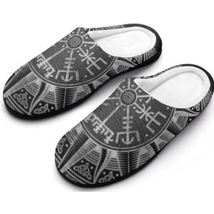 Viking Vegvisir Winter Pluche Katoenen Pantoffels, 3D Print Noorse Mythe Kompas Bont Huis Pantoffels, Gezellige Warme Slaapkamer Schoenen(Color:Black E,Size:46EU-47EU)