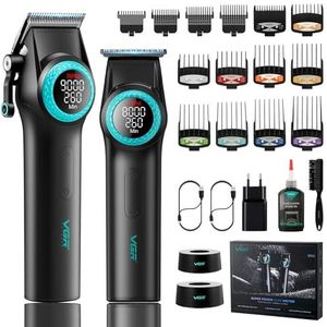VGR 001 & 977 Professionele Draadloze Tondeuses voor Mannen, Trimmer Set met DLC Coating Mes, Spot LED-Lamp, USB Oplaadbaar met Oplaadstandaard, Zwart