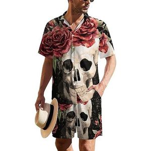 Aquarel Skull And Roses Hawaiiaanse pak voor heren, set van 2 stuks, strandoutfit, shirt en korte broek, bijpassende set