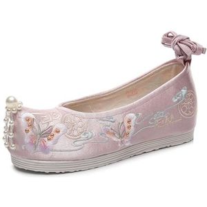 Dames Hanfu Geborduurde Bloem Schoenen Chinese Traditionele Parel Decoratie Antieke Stijl Schoenen Lichtgewicht Casual Innerlijke Hoogte Toenemende Schoenen(Color:Pink,Size:39 EU)