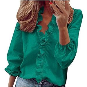Dames lange mouw ruches shirts zomer casual slim fit volant v-hals blouses effen ruches kraag tops plus size verkoop, mode dames tops UK, Groen, XXL