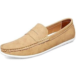 Herenloafers Schoen Eenvoudige ronde neus Veganistisch leer Penny Loafers Lichtgewicht flexibele platte hak Outdoor Casual instapper (Color : Khaki, Size : 41 EU)