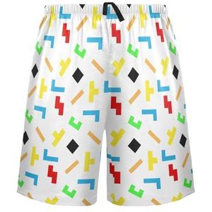 LI ZHI XIN Herenpyjamabroek, korte pyjamabroek, zomer casual shorts, elastische tailleband met trekkoord, rechte losse pasvorm met 2 zakken, S-XXL gekleurde geometrische vormen, Meerkleurig, L