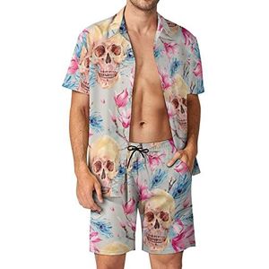 Vintage Skull & Pink Magnolia Pauwenveren Hawaiiaanse bijpassende set 2-delige outfits button down shirts en shorts voor strandvakantie