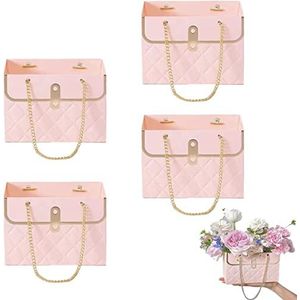 Verpakkende Mand Bloemist Verpakking Doos Met Metalen Ketting Bruiloft Party Gift Bag-4 PCS Bloem Papier Doos Boeket Opslag Emmer Bloemist Tas Handtas Bloem Boeket-4pcs Pink