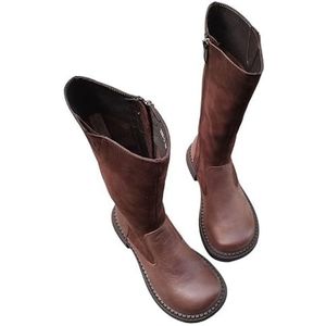 Hoge Cavalier Boots Leren dameslaarzen met brede neus Dikke bodem Enkele ritssluiting Herfst- en winterschoenen (Color : Coffee real leather, Size : 37)
