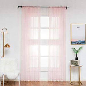 WOLTU set van 2 Vitrage Gordijnen, met plissé rand, voile gordijnen voor rails, gordijnen, woonkamer, slaapkamer, achtertuin stijl, 140x245 cm Roze 140x245 cm Roze