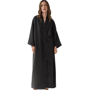 GHYUBYER Dames kimono gewaden linnen lichtgewicht lange 100% katoen spa & bad badjas voor vrouwen - sneldrogend - zacht, Nero, L