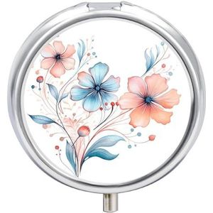 Aquarel Bloemen Pillendoos 3 Compartiment Reizen Pil Organizer 3 keer per dag Leuke Mini Pil Case voor Portemonnee & Pocket Draagbare Metalen Medicijndoos met Spiegel Ronde Dagelijkse Medicijnen