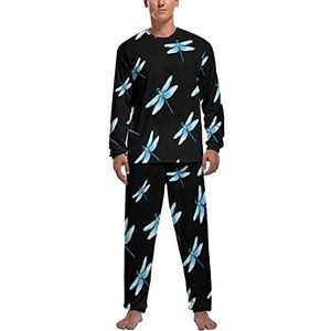 Blauwe libelle zachte heren pyjama set comfortabele lange mouwen loungewear top en broek geschenken M