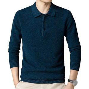 Heren lange mouwen effen kleur trui herfst en winter wol gemengd casual basic gebreide trui, Blauw, XL