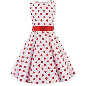 SXSHUN Meisjesjurk, polka, vintage, pin-up tot 'Audrey Hepburn', jaren 50, 60, rockabilly, halterjurk, meisjes, kinderen, avondjurk, cocktailjurk, mouwloos, Rood / wit gestippeld, 9-10 Jaren
