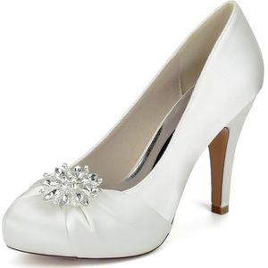 KYEGLO Satijnen Stiletto Met Ronde Neus En Hoge Hak Voor Dames, Gesloten Schoenen Met Strass-Steentjes - Ideaal Voor Bruiloften En Werk,ivoor,36 EU