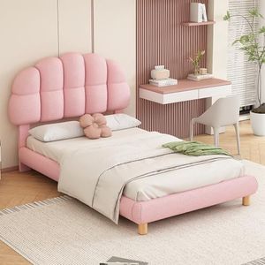 Aunvla 90 x 200 cm eenpersoonsbed, kinderbed, jeugdbed, gestoffeerd bed, houten lattenbodem, cirkelvlies, roze