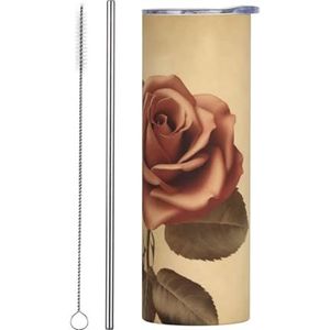 LKWSCGHM Vintage roze beker met deksels en rietje, 20 oz dubbelwandige vacuüm waterfles roestvrij staal geïsoleerde koffiemok lekvrije reizen thermische beker voor warme en koude dranken