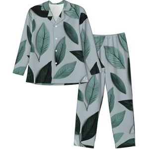 sttung Mint Gray Leaf Print Heren Lange Mouwen Pyjama Set, Zachte Ademende Nachtkleding, Knopen Voorkant & Elastische Taille Broek, Zwart, S