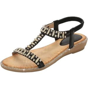 Xytraiihw Damessandalen, strass Bohemian platte sandalen glitter zachte zolen zomerschoenen elastische band slingback strandschoenen grote maat slippers voor bruiloft,zwart,36 EU