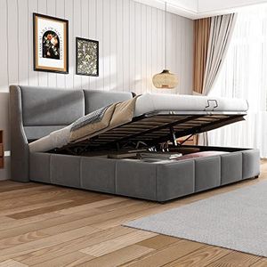 Moimhear Gestoffeerd bed, oorvorm, kussen, tweepersoonsbed, hydraulisch functioneel bed, grijs (180 x 200 cm)