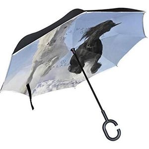 RXYY Winddicht Dubbellaags Vouwen Omgekeerde Paraplu Wit Dier Paard Zwart Waterdichte Reverse Paraplu voor Regenbescherming Auto Reizen Outdoor Mannen Vrouwen