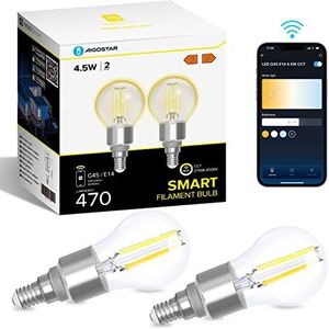 Aigostar Lamp Alexa, E14 LED Filament Lamp, G45 Transparent WIFI Smart Bulbs, 4.5W, 470 Lumen, Afstembaar Wit Warm Dimbaar 2700K -6500K, Compatibel met Alexa en Google Home, 2 Stuks.
