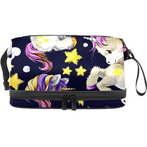 Dubbele Laag Cosmetische Tas Eenhoorn Paars Draagbare Make-up Tas Reizen Organizer Pouch voor Vrouwen Meisjes Toiletartikelen Tassen, Meerkleurig, 27x15x14 cm/10.6x5.9x5.5 in, Make-up zakje