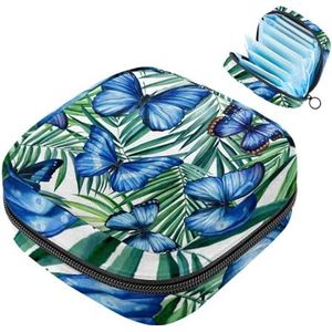 MUOOUM Blauwe Vlinder Blad Patroon Maandverband Opbergtas Menstruatie Pad Tas Draagbare Menstruatie Cup Pouch met Rits voor Tiener Meisjes Vrouwen Dames