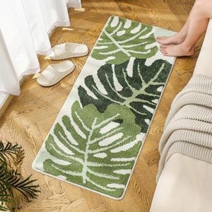 Feblilac Schattig tapijt met groene bladeren, lange mat Monsterablad, waterabsorberend, antislip, zachte pluizige shaggy badkamermat, machinewasbaar tapijt, 50 x 119,44 cm