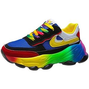 Regenboog sportschoenen trainers for dames, modeplatform kleurrijke sneakers outdoor loopschoenen met veters (Color : Blue, Size : 36 EU)
