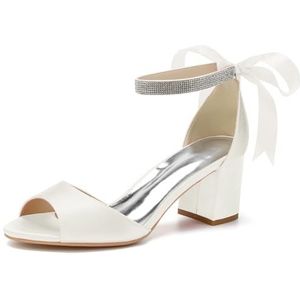 GHSIRUEU Vrouwen lint Tie Heeled Sandalen Strass bandje Ronde Peep Toe Fashion comfortabele bruiloft feest schoenen,ivoor,35 EU
