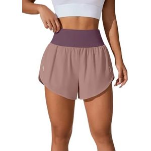 FASHION 7STAR Womens hoge taille ruches yoga shorts dames lichtgewicht rekbare atletische workout korte bodem Pack van 2, roodbruin., XS