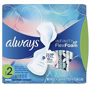 Always Infinity Size 2 Vrouwelijke Pads met vleugels, Super Absorbency, Ongeparfumeerd, 16 Count (verpakking kan variëren) (verpakking kan variëren)