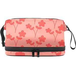 Grote capaciteit reizen cosmetische tas, rode kleine bloemen rode achtergrond, make-up tas, waterdichte make-up tas organisator, Meerkleurig, 27x15x14 cm/10.6x5.9x5.5 in