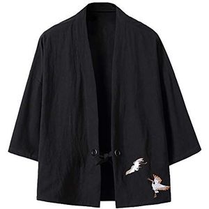 Heren Kimono Baggy katoen print mantel Haori jas overgangsjas Japan Happi Kimono, zwart, XL