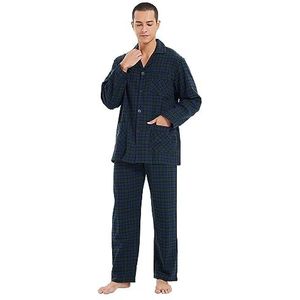 kolipajam Heren 100% katoen-flanel pyjamaset gekleurd in geruit garen - gezellige pyjamabroek met zakken en trekkoord in de taille, winterpyjama voor heren, blauw en groen geruit, L