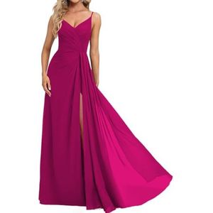 Prinses Bruidsmeisjes Jurken Spaghetti Bandjes Galajurken Chiffon Formele Avondfeest Maxi Jurk met Split ZM210, Fuchsia, 32