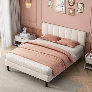 Aunvla Gestoffeerd bed, ijzeren poten, lattenbodem, eenvoudig design, 160 x 200, matras niet inbegrepen, sherpa-stof, beige