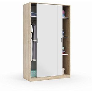 Kast met 2 schuifdeuren en planken, voor slaapkamers of kamers, model MAX, artikel-wit en Canadees eiken, afmetingen: 120 cm (lengte) x 200 cm (hoogte) x 50 cm (diepte)