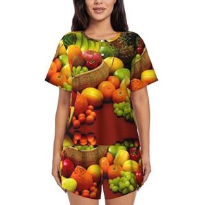 RIVETECH Variëteit Verse Groenten Fruit Print Dames Pyjama Set Korte Korte Mouwen - Comfortabele Korte Sets, Mouwen Nachtkleding Met Zakken, Zwart, S