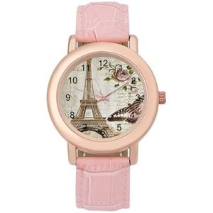 Vintage Eiffeltoren Monarch Vlinder Vrouwen Horloge PU Band Polshorloge Quartz Roze Valentijnsdag Gift
