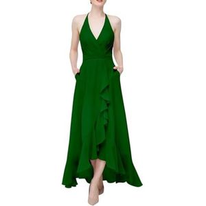 SAMHO Chiffon bruidsmeisje jurk halter hoge lage ruches formele avondjurken met zakken, Emerald Groen, 46