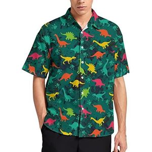 Kleurrijke dinosaurussen op groene camouflage heren print shirt Regular-fit korte mouwen T-shirts button down Hawaiiaanse tops XS