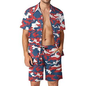 Rode camouflage Hawaiiaanse bijpassende set voor heren, 2-delige outfits, button-down shirts en shorts voor strandvakantie